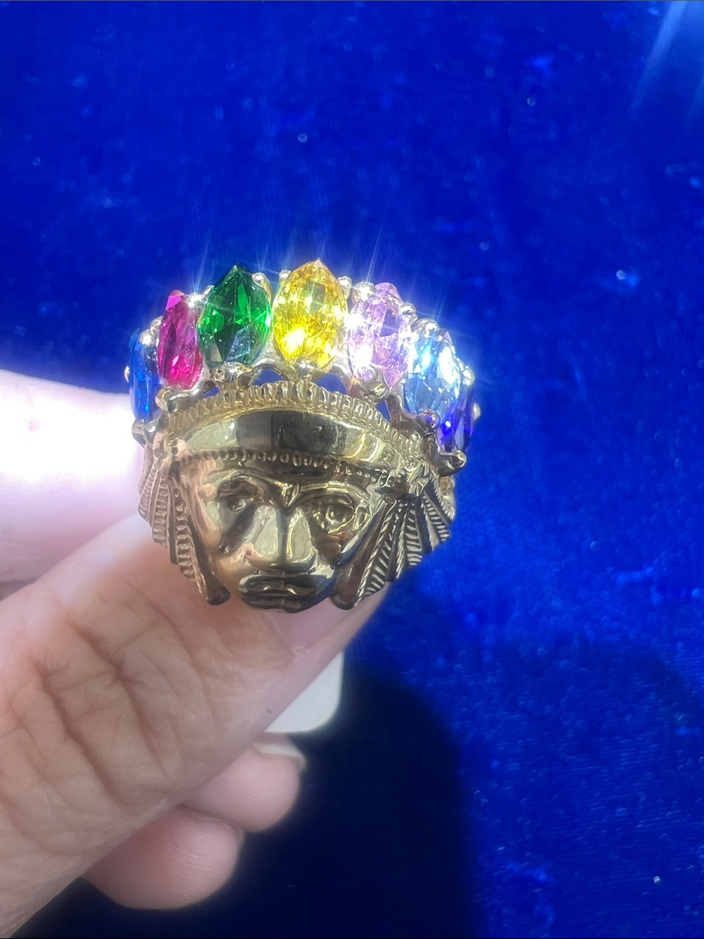 14K Yellow Gold Tone Multicolor Gemstone Native Head Ring